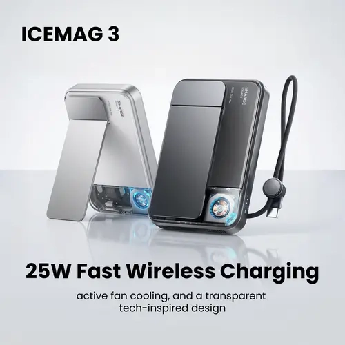 SHARGE ICEMAG 3 MagSafe Portable Charger, Qi2.2 25W Magnetic Power Bank 10000mAh 35W USB-C Fast Charging, with Active Cooling& Built-in Cable, Transparent RGB Design for iPhone 17e/16/15 Series,back to school tiktokshop,backtoschool,sohochic