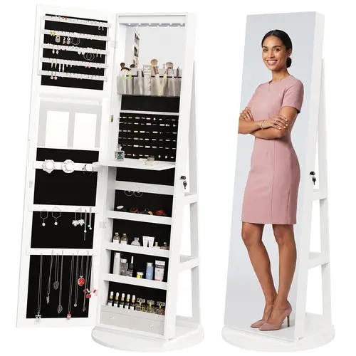 Sweetcrispy Sturdy 3-in-1 Freestanding Lockable Jewelry Cabinet with Key Lock - 360° Swivel Multi-Tier Elegant Organizer, Full-Body Mirror, Built-in LED Lights, Foldable Makeup Tray, 2 Drawers, Round Base for Bedroom Storage