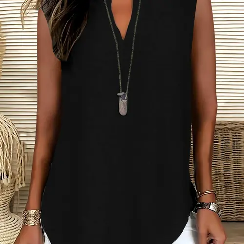 Women's Plain Solid V-Neck Loose Simple Versatile Vintage Shirt Vest, Casual Fashion Top for Daily Wear, Stylish Ladies' Clothing, Womenswear