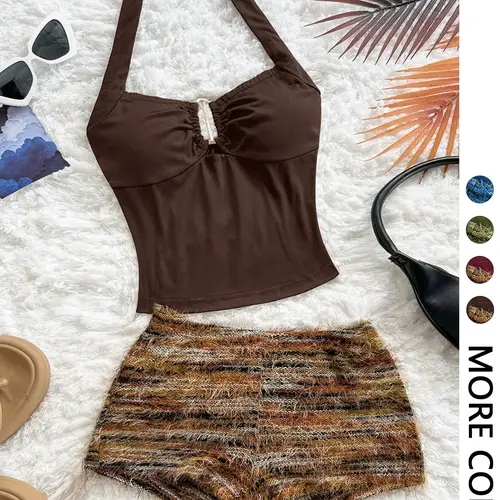 Women's 2-Piece Spring Summer Beach Vacation Beachwear Set, Two Pieces Sets, Halter Neck Sleeveless Ruched Crop Top and Fuzzy Striped Knit Shorts, Boho Y2K Style for Travel Resort Daily Wear