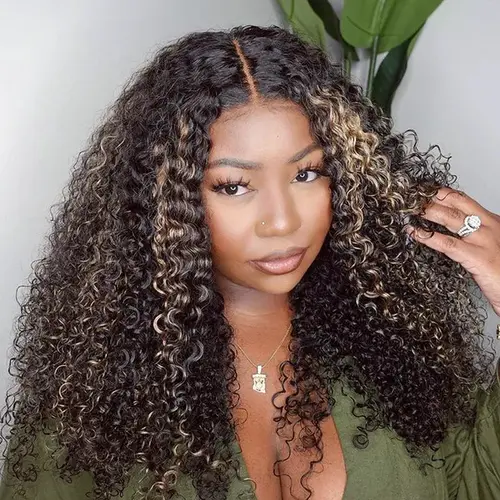 【Lowest Price: 12" Only $79】Trendy Ready to Wear Blonde Highlight Glueless 4x4 Pre Cut Lace Kinky Curly Wigs with Pre Plucked Hairline & Bleached Knots, Blonde Highlights, Lace Front Wig