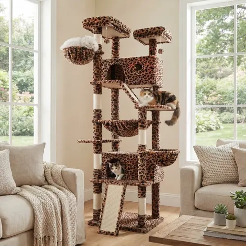 HOOMIC 81in Large Cat Tree Tower, Multi-Level Climbing House with Condo, Hammock & Scratching Post, Wide Base for Big Felines, Grey/Beige/Dark Blue/Pink/Leopard Print/Black Dots#TikTokShopDealsforYouDays#DealsforYouDays#Summervibes#Summergarden