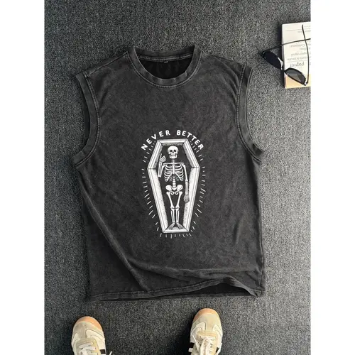 Men's "Never Better" Skeleton Coffin Graphic Tank Top, Vintage Washed Cotton Sleeveless Tee, Gothic Streetwear Crew Neck Vest