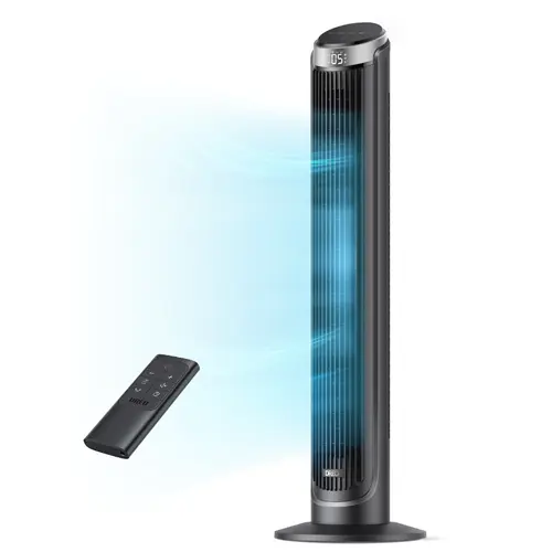 DREO Bladeless Tower Fan - 40in Cooling Fan with 90° Oscillation, 5 Speeds, 4 Modes, 26ft/s Air Velocity, 28dB Turbosilent, 12H Timer, Remote & Touch Control, ETL Certified Plug, Automatic Power Off, for Bedroom, Home Office, Black, Stay Cool