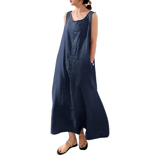 Chouyatou Women's Pure Cotton Breathable Casual Sundress - Summer Sleeveless Tank-Style, Loose-Fit Beach Dress with Pockets, Breathable Casual Dress, Lady, Going Out, Ready To Wear, Casual Dresses