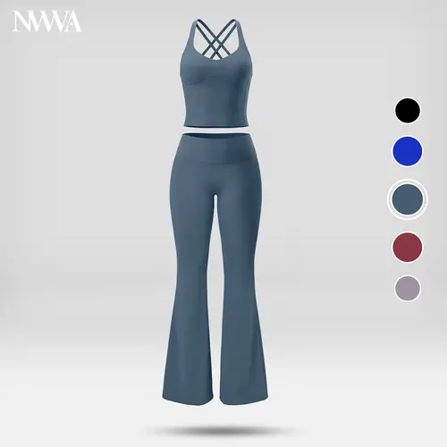 NVWA Women's 2-Piece Summervibes Sport Sweatsuit Set Outfit - Cross-Back Spaghetti Strap Top & Wide Leg Pants, Soft Stretch 22% Spandex for Bounce-Back Fabric, Matching Activewear Set for Yoga & Gym, Women's Fashion Clothing Kit, Quick Dry Move with Ease,