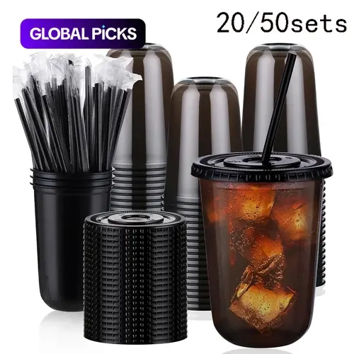 20/50 Sets 16 oz Clear Plastic Tumbler Cups with Lids and Straws, Bulk Plastic Cups, Disposable Drinkware, Disposable Cold Drink Cups for Ice Coffee, Milk Tea, Smoothies, Party Activities, Party Supplies