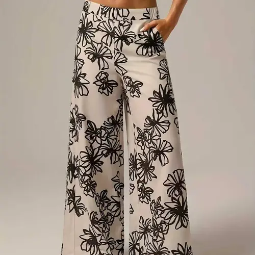 Women's Elegant Floral Print Wide Leg Casual Loose Pants, Ladies Bottom Fringe Long Trousers, Stylish Casual Wear for All Seasons, Casual Chic Trousers, Womenswear