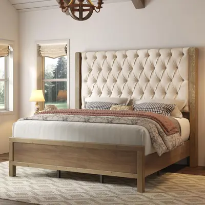 VanAcc Solid Wood Bed Frame, 57" Tall Farmhouse Platform Beds, Upholstered Line Wingback Headboard, Deep Button Tufted, No Box Spring Needed, Easy Assembly #SohoChic