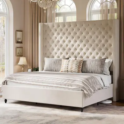 VanAcc Bed Frame with 63" Tall Headboard, Upholstered Wingback Platform Design, Handcrafted Pleats & Deep Button Tufted, Solid Wood Legs, No Box Spring Needed #SohoChic