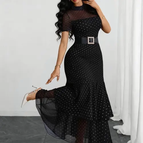 French Gothic Polka Dot Round Neck Modern Short Sleeve Mesh Patchwork Elegant Dress (no Belt), Stylish Women's Fashion Date Night Dresses, Elegant Party Apparel