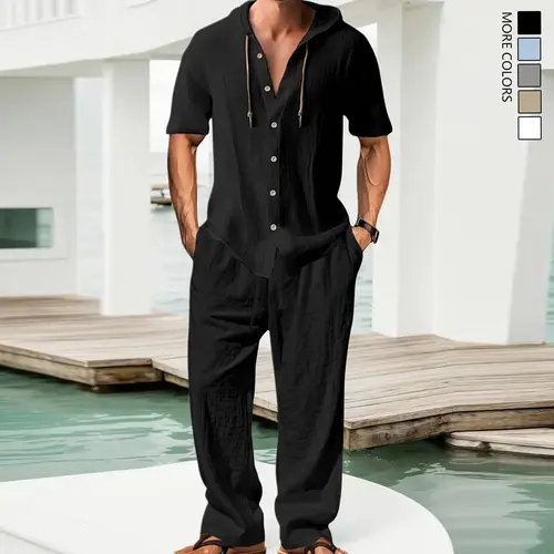 Men's 2-Piece Linen Clothing Set - Loose-Fitting Shortsleeve Hooded Button-Down Shirt & Plain Straight Pants, Minimalist Casual Holiday Beach Summer Menswear