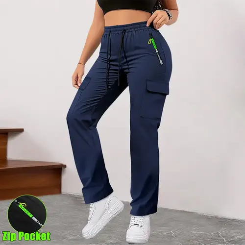 Women’s cargo pants with multiple pockets for spring and autumn—thin, straight-leg casual long pants featuring zippered pockets and an elastic waistband, suitable for outdoor sports and everyday outings., Bottom, Basic