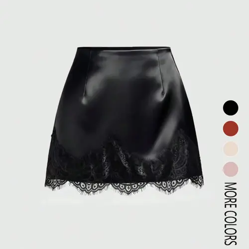 Women's Elegant Satin Lace-Trim Patchwork Short Skirt, Stylish Tight Bodycon Skirt, Stylish & Comfortable Fashion Bottom, Perfect for Daily Commuting, Womenswear
