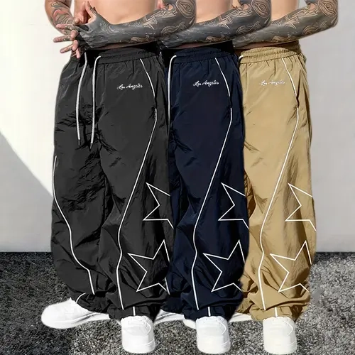 Men’s 3-Pack Casual Loose Trending Joggers - Star Pattern, Reflective Lines, Comfortable Stretch Fabric, Streetwear Clothing Sweatpants for Street Style, Weekend Outfits, Casual Loose Joggers, Clothes,sohochic