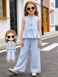 Girls' 2-Piece Set, Bow Sleeveless Top + Wide Leg Pants, Cute Summer, Perfect for Streetwear, Home, and Playtime