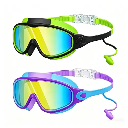 2 Pcs Kids Swimming Goggles, with Ear Plugs and Nose Clips, Anti-Fog & UV Protection, Wide Field of View, Suitable for Boys and Girls Ages 3-15, Comfortable Fit, Easy Adjustment, No Leaks, No Eye Pressure, Swim Glasses