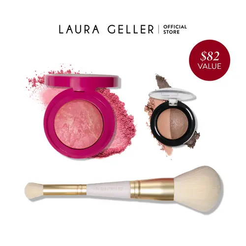Laura Geller Cheek & Eye Finishing Touches 3PC Set with Blush-n-Brighten, Neutral Eyeshadows, and Dual-Ended Brush for Polished Look - Lid, Makeup