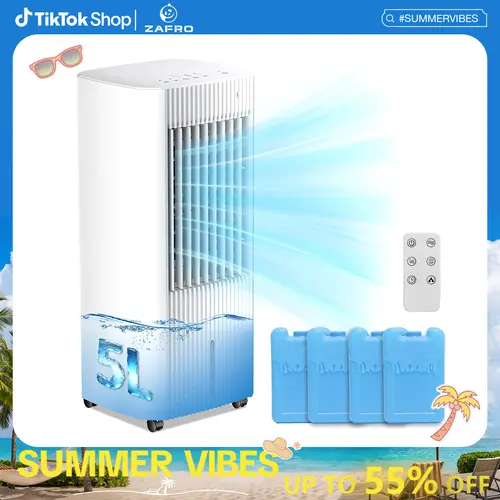 ZAFRO Portable Evaporative Air Cooler,3 In 1 Swamp Cooler with 4 Ice Packs,15H Timer,3 Speeds & 3 Modes,Remote,Cooling Fan for Bedroom,Living Room,Office,Pet-Friendly, Bladeless Fan, Multifunctional Fan