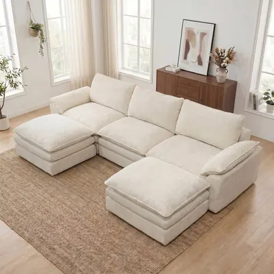 118" Modular Sectional Sofa, Comfy Cloud Couch with Ottoman, Chenille Sofa Sleeper Deep Seat Sofa with Throw Pillows for Living Room Chenille Upholstered Sofas Black Sectional Couch