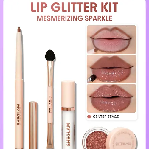 SHEGLAM 4-Piece Makeup Kit - Bedazzling Glitter Lipstick & Lip Gloss, Long-Lasting, Includes Lip Brush & Liners, Simple Steps for Fast Glam Moments