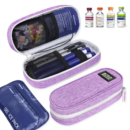 Insulin Cooler Travel Case with Temperature Display, Compact Zipper Accessory Pouch, 2×90g Ice Packs for Insulin Pens & Diabetic Medication, Travel Containers with Elastic Bands
