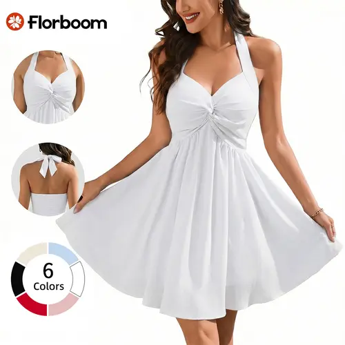 Florboom Women's Halter Backless Mini Dress, Sweetheart Neck Twist Front, Smocked Back, Flowy A-Line Cut, Double-Layered Lined, Perfect for Party, Beach, Vacation, Casual