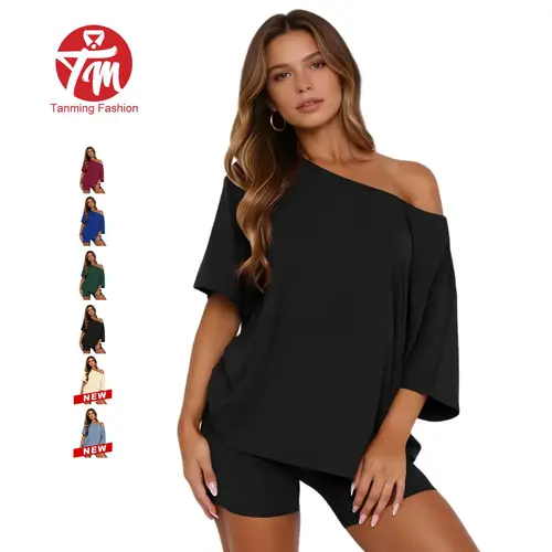 Tanming Women's 2-Piece Loungewear Set: Elegant Off-Shoulder Oversized Tee & Fitted High-Waist Shorts - Soft Stretchy Casual Summer Outfit for Travel, Coffee Runs & Athletic Wear