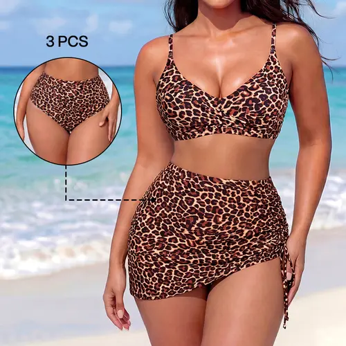 LILYLOVE Women's 3-Piece Elastane Tummy Control Bathing Suit, High-Waisted Set with Cross Ruched Top, Drawstring Skirt & Bikini Bottoms for Beach Trips,sohochic