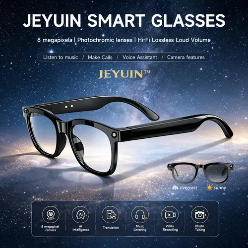 JEYUIN Modern Wearable Smart Glasses Gadget with Photochromic Lenses, Bluetooth Audio, Hands-Free Camera, Language Translation, Voice Assistant, WiFi, iPhone-Android Compatibility, Hiking-Vlogging Equipment, Lifestyle Holiday Cool Gifts for Travelers