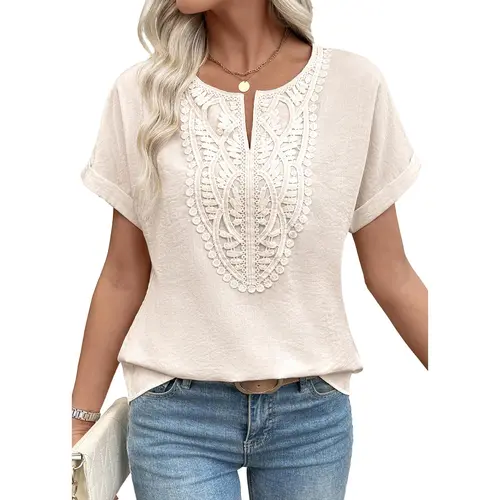 EVALESS Women's Trendy Linen Pattern Tops Summer Casual Boho V Neck Short Sleeve T Shirts Work Business Cute Loose Blouses 2026 Womenswear Outfits  Deals For You Days summer outfits