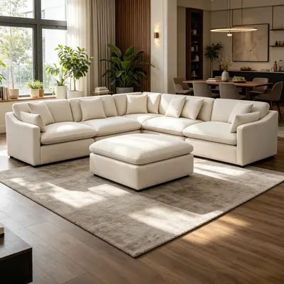 Niccae Greeley Ivory 6-Piece Configurable Modular Combination Sofa Set - Fluffy Feather Blend Cloth Cushion, Durable, Fixed Arms, Contemporary Sectional Couch for Living Room Extended Lounging Indoor Furniture,dorm essentials,home decor,sohochic