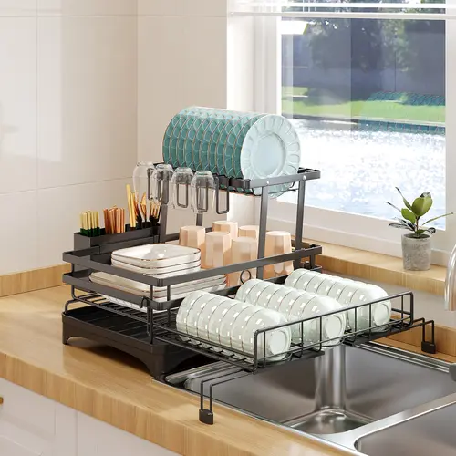 Double-Layer Expandable Dish Drying Rack - Heavy Duty Rustproof Multi-Tiered Sink Rack Draining Boards, Kitchen Organizer with Automatic Water Drainage, Utensil Storage, Fits Countertops/Sinks, Ideal for Small Apartments & Families (House Organizers), Apa