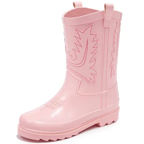 Kids' Cowboy Style Round Toe Mid-Calf Rubber Rain Boots, Non-Slip Waterproof Easy-Clean Comfy Fit, Pull Tabs for Easy On/Off, All Seasons Boys and Girls Footwear (Toddler to Big Kid),sohochic