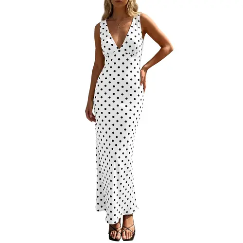 Wenrine Women's Breathable Mesh Polka Dot Fabric Bodycon Maxi Dress - Sleeveless V-Neck, Formal Cocktail Wedding Attire, Dress for Wedding Guests