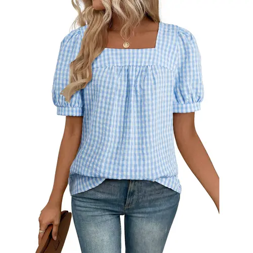 EVALESS Women's Curvehugging H-Type Square Neck Short Sleeve Checkered Print Cotton-Blend T-Shirt, 2026 Summer Casual Curvehugging H-Type Tunic Blouse
