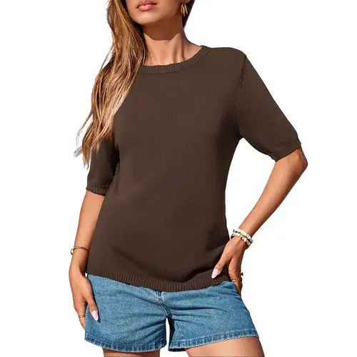 BTFBM Women's Lightweight Short Sleeve Sweater Crew Neck Knit Pullover Loose Fit Casual Basic Top