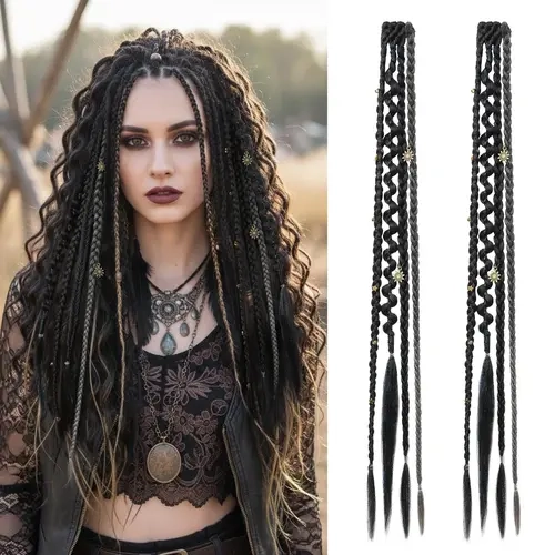 AISI HAIR Clip in Braid Hair Extensions 16/20" 2PCS Color Boho Dreadlocks Handmade Synthetic Braids with Beads & Charms Braided Hairpieces for Women, Boho Braiding Hair, Synthetic Fiber Braids,sohochic