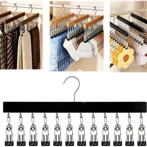 Upgraded Legging Hanger for Closet Organizer with 12 Clips, Wooden Jeans & Yoga Pants Hanger, Space Saving Non-Slip Organizer, Clothes Hanger with Clips for Bra, Belt, Sock, Hat Hanging Organization 1/2Pcs