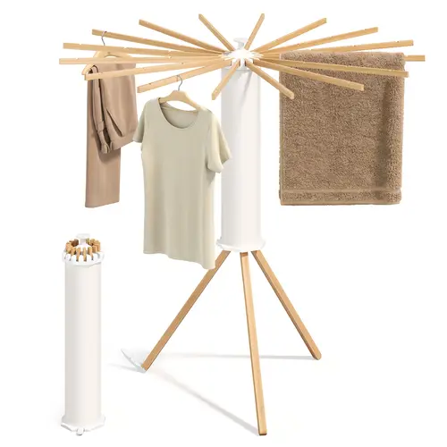 SONGMICSHOME Foldable Plastic-Aluminium Portable Dryer Rack - 360-Degree Rotary Tripod Base, Floor-Standing Natural Dryer with ABS-PVC & Beech Wood, 44.1in x 44.1in x 48in, 24kg Capacity, Durable Sturdy Laundry Room Accessories for Balcony