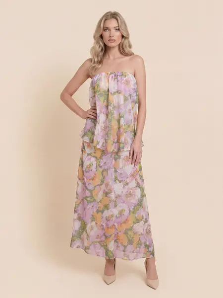 LikeMyChoice Floral Print Chiffon Maxi Dress Women Spaghetti Strap Layered Flowy Long Dress for Vacation Wedding Guest