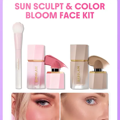 【FREE SHIPPING】SHEGLAM Color Bloom Liquid Blush Sun Sculpt Contour Blush Brush Set Liquid Blush Cream Contour Lightweight Buildable Dewy Natural Glow Makeup Kit 3pcs Set