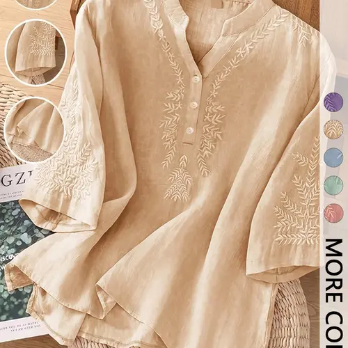 Women's Plain Embroidered Casual Loose V-Neck Button Shirts, Casual Summer Tops, Stylish Artistic Aesthetic Design Top, Comfortable and Versatile Wear, Embroidery