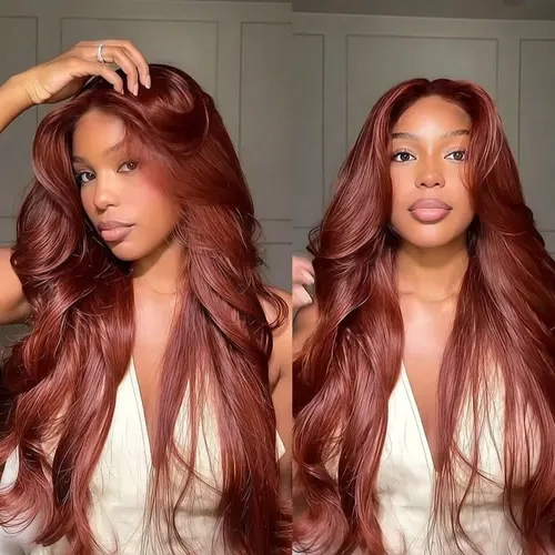 Tuneful Reddish Brown  Body Wave Lace Front Wig Human Hair 13x6 Lace Frontal Human Hair Wigs 180% Density HD Transparent Lace 33# Lace Frontal Wigs Pre Plucked With Baby  Hair Wigs For Women