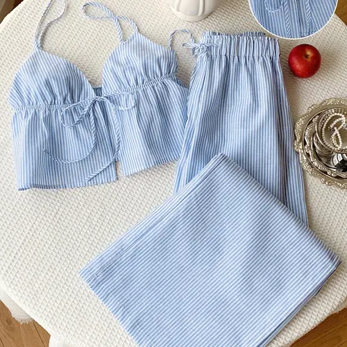 2-Piece Spring Summer Striped Fashion Outfit for Women, Tie Front Cami Crop Top & Wide Leg Long Pants Set, Y2K Style Travel Daily Wear Clothes