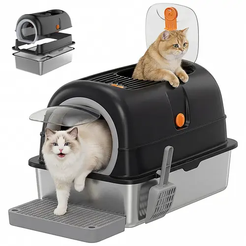 Sweetcrispy Premium Rust-Free Solid Stainless Steel Litterbox - XL Capacity Covered High-Walls Anti-Leakage Enclosed Box, Easy-Clean Odor-Proof Tray for Large Cats, Includes Scoop and Mat