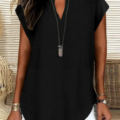 Women's Loose Oversized V-Neck Drop Shoulder Solid Pullover Top Shirt Style, Summer Casual Minimalist Simple Vintage Short Sleeve Blouse, Ladies Fashion Clothing Piece, Boho Flowy Tops, Casual Soft Top