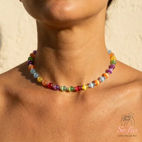 Sofia Dopamine Rainbow Beaded Choker - UV Reactive, Waterproof Stainless Steel Adjustable Necklace with Resin Beads, Rhinestones, Letter, Lobster Clasp, Whimsical Gifts for Daily Wear, Summer Costume Accessory