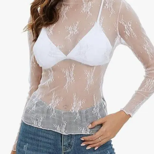 Women's Mock Neck Lace Blouse Top, Chic Aesthetic Shirt Mesh Long Sleeve Shirt for Spring & Summer Blouses Shirts Tops