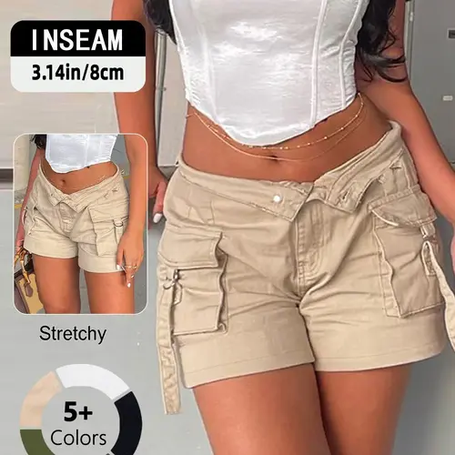 Women's Khaki Comfort Cotton Cargo Shorts, Womenswear, High Waist Casual Summer Shorts with Multi Pockets, Utility Streetwear for Beach & Outdoor, Soft Breathable Fabric, Side Tie Detail, Y2K & Casual Outfit Essential